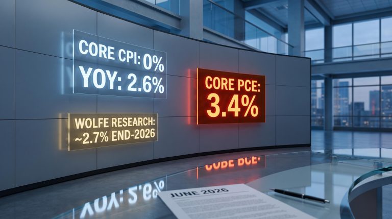 Fed dot plot and Wolfe Research data panels showing Core CPI 2.6% vs Core PCE 3.4% — US inflation forecast 2026