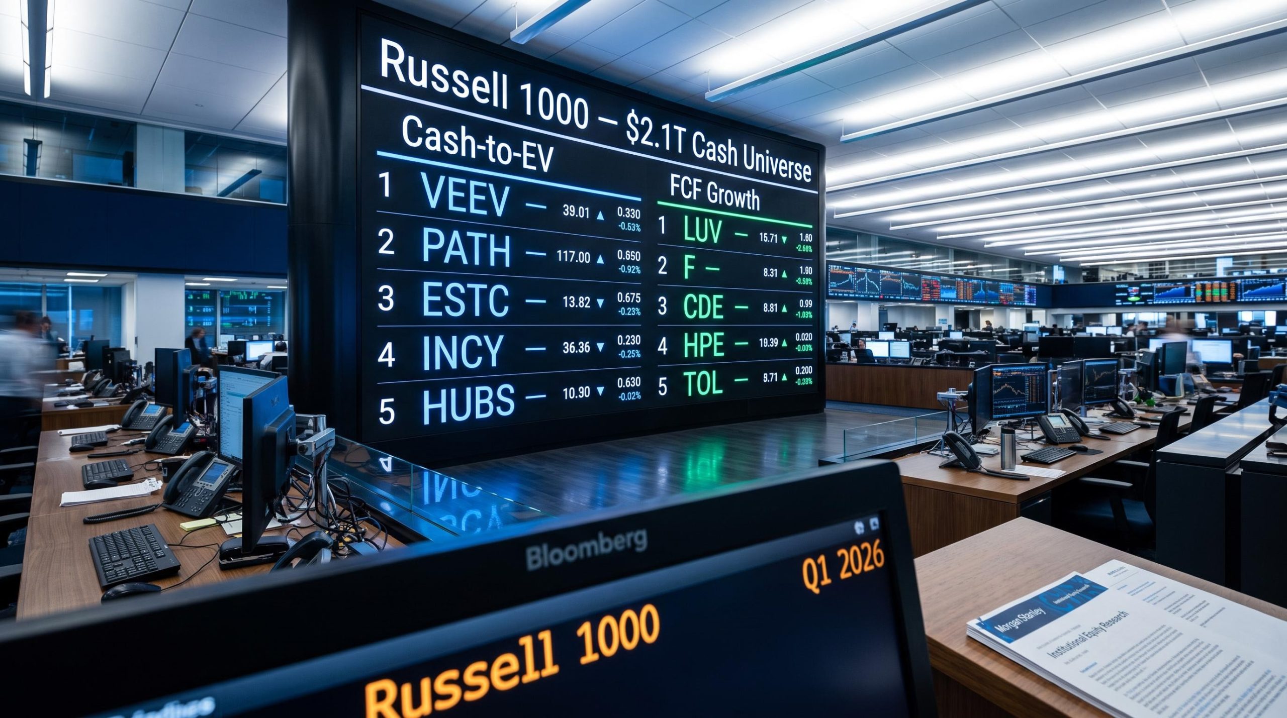 Morgan Stanley Russell 1000 stock picks ranked by cash-to-EV and FCF growth on institutional trading screen