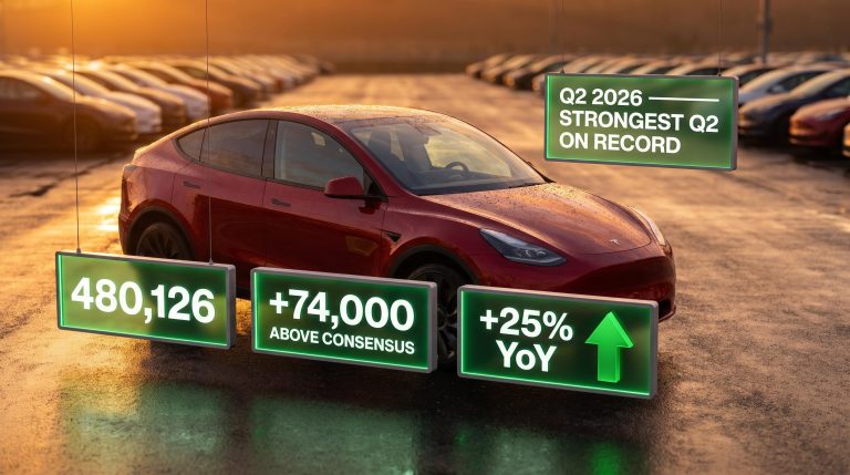 Tesla Q2 2026 delivery beat of 480,126 vehicles displayed on glowing panels beside a Model Y on a golden-hour lot