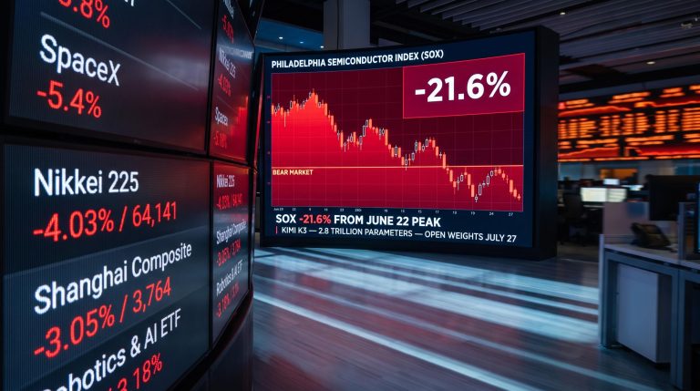 Philadelphia Semiconductor Index bear market screen showing -21.6% drop after Moonshot AI Kimi K3 triggers chip selloff