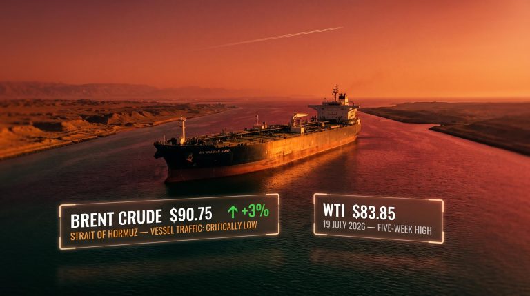 Stationary supertanker in Strait of Hormuz with Brent crude $90.75 data overlay as oil price surges on supply shock