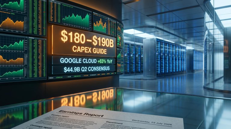 Alphabet earnings data wall showing $180–$190B capex guide and Google Cloud 63% growth ahead of 23 July 2026 report