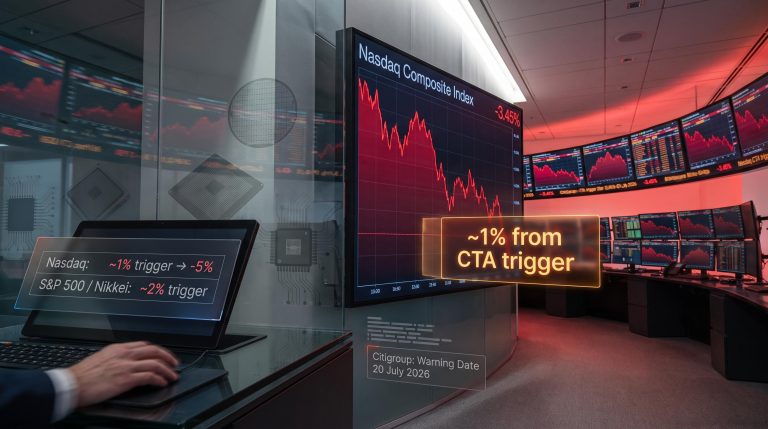 Nasdaq trading screen showing CTA trigger threshold chart with ~1% warning level and -5% projected selloff panel