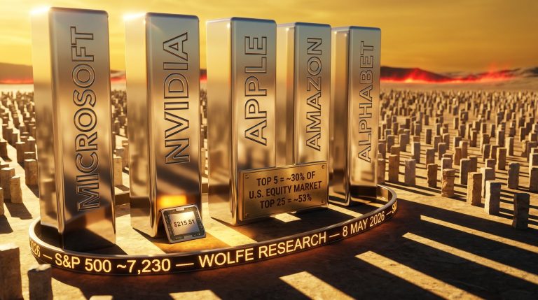 Five chrome monoliths representing top US stocks hold ~30% of equity market, per Wolfe Research 8 May 2026