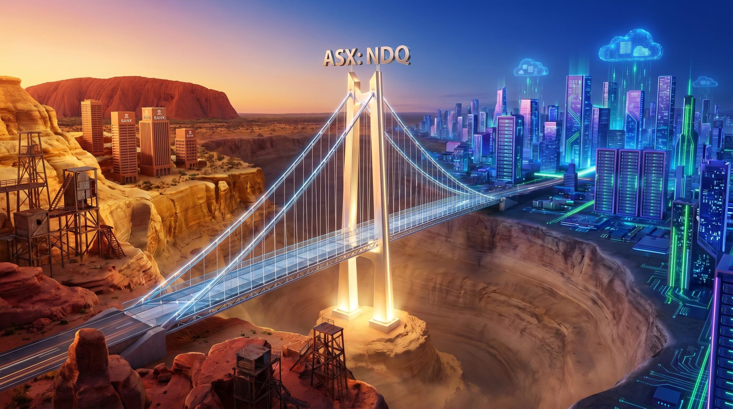 NDQ ETF bridge connecting ASX's resource-heavy market to global AI and tech giants like NVIDIA and Microsoft