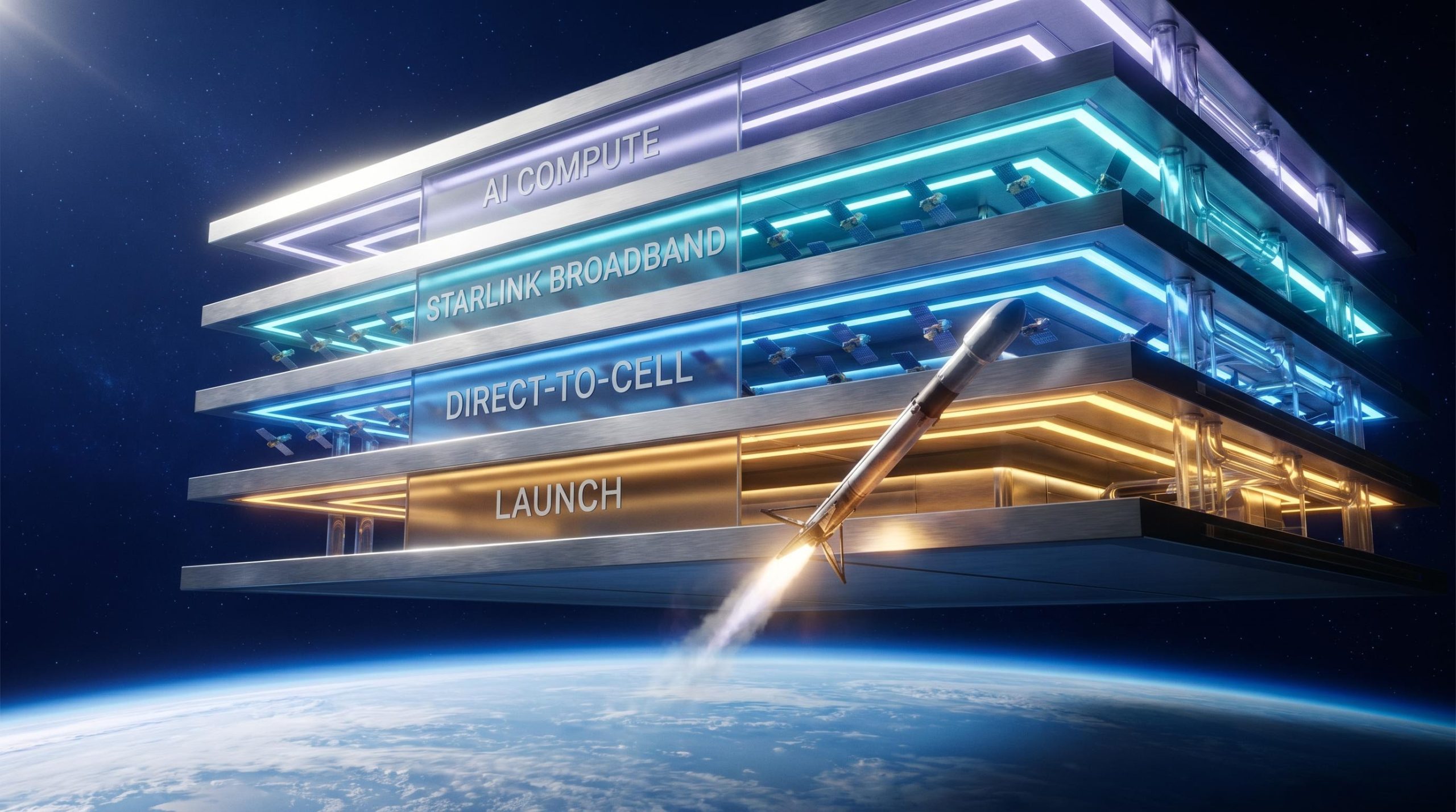 SpaceX business model shown as four orbital strata — launch, Starlink, Direct-to-Cell, and AI compute — in deep space