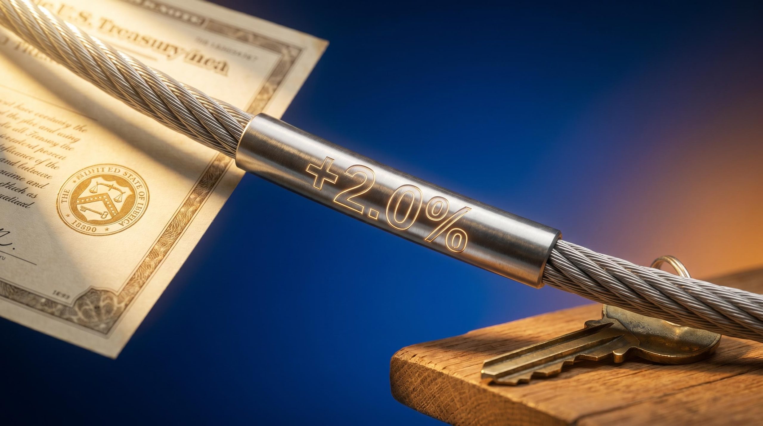 Steel cable etched with " 2.0%" connecting a Treasury bond to a house key, illustrating the 10-year Treasury and mortgage rate link