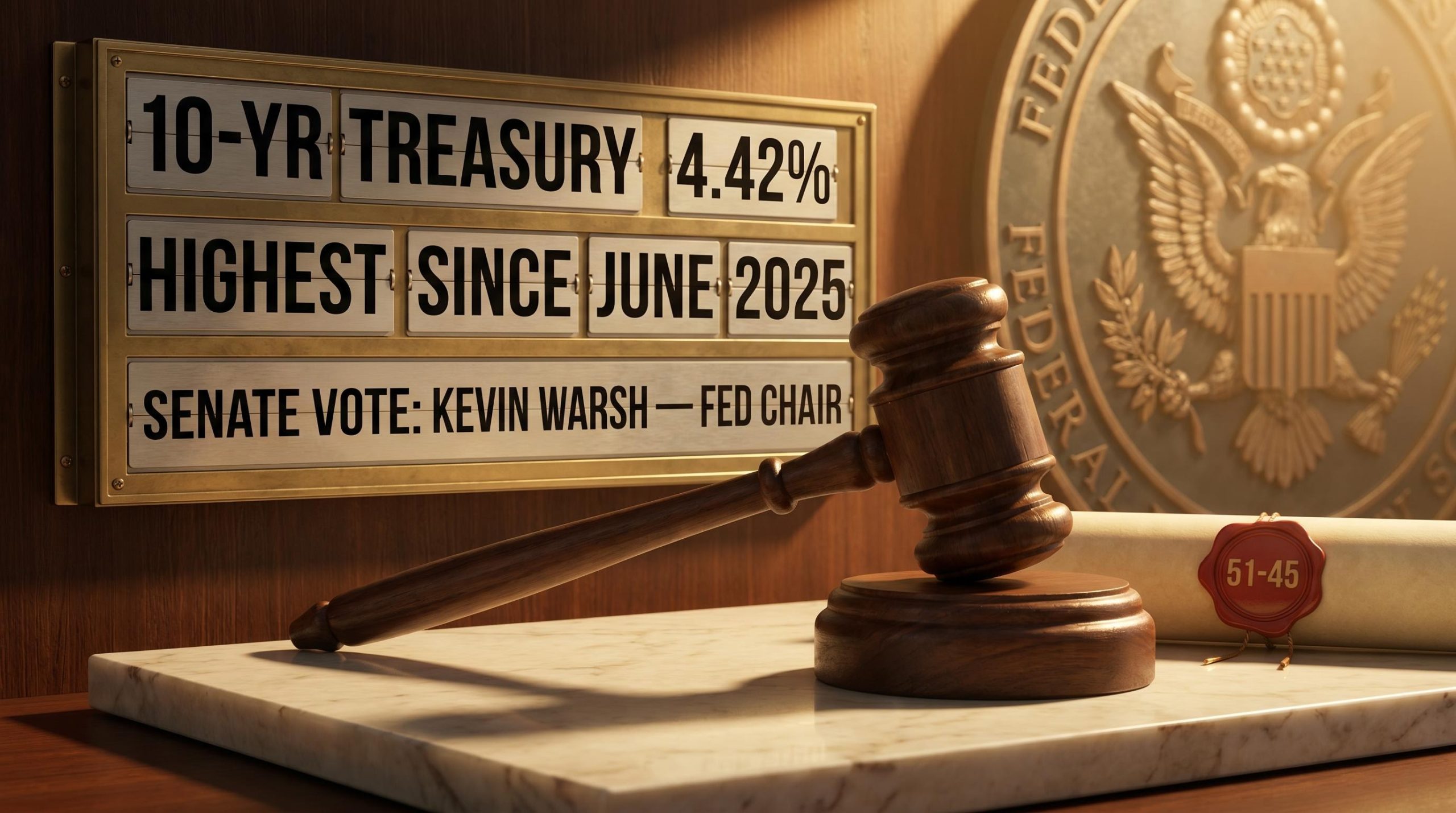 Senate gavel and brass ticker showing "10-YR TREASURY 4.42%" as Kevin Warsh nears Federal Reserve Chair confirmation