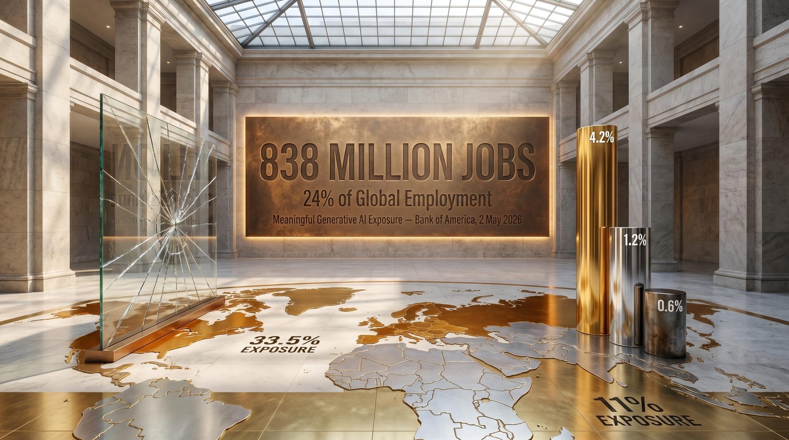 Bank of America plaque engraved with 838 million jobs AI exposure figure, with wage divergence columns showing 4.2% vs 0.6%