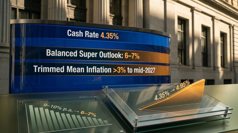RBA building with cash rate 4.35% and balanced super 6–7% outlook displayed on financial screen panels