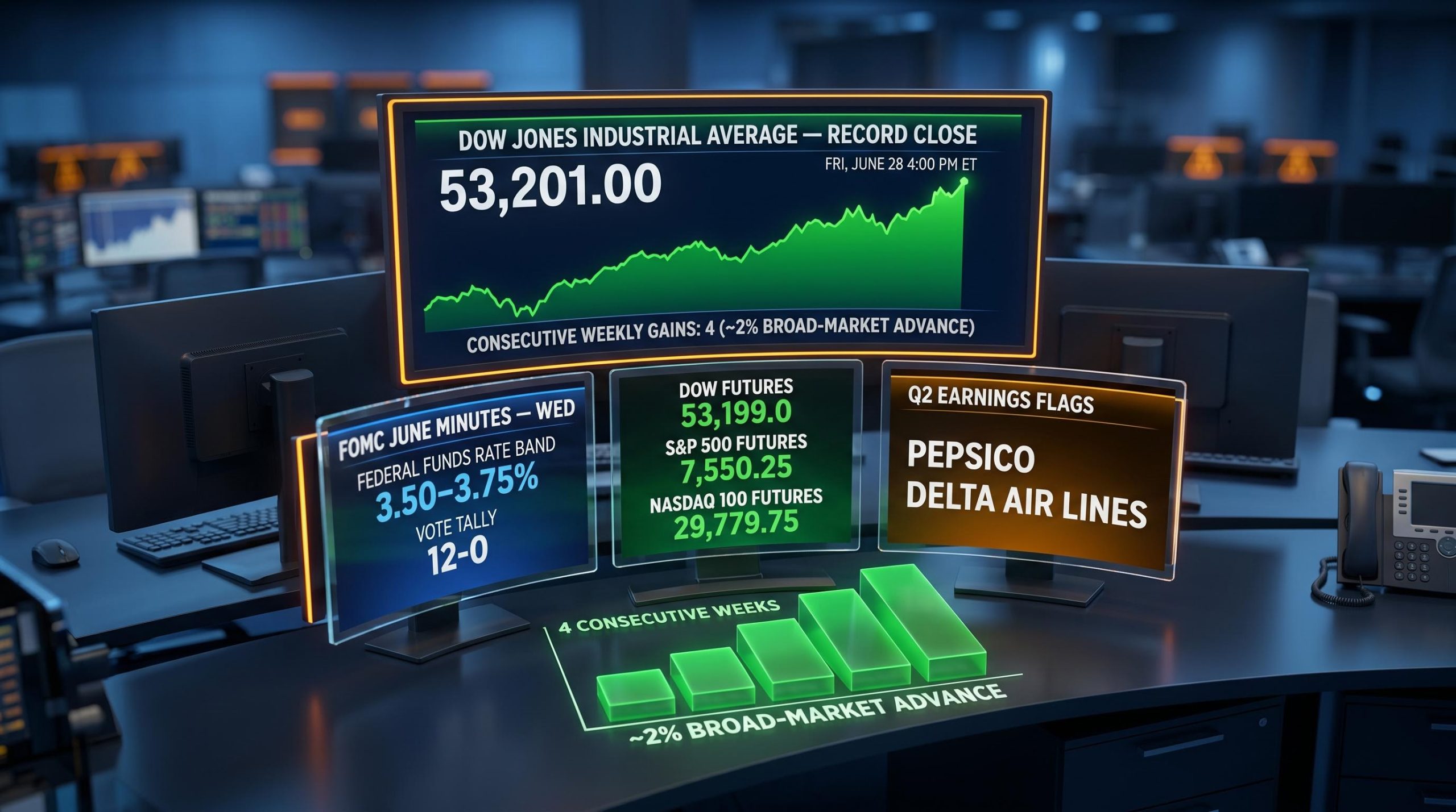Dow record close on trading terminal with FOMC minutes and Q2 earnings catalysts as data panels — stock market this week