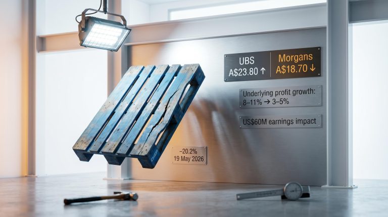 Cracked CHEP pallet under inspection lamp with Brambles profit downgrade data: 8–11% cut to 3–5%, US$60M impact