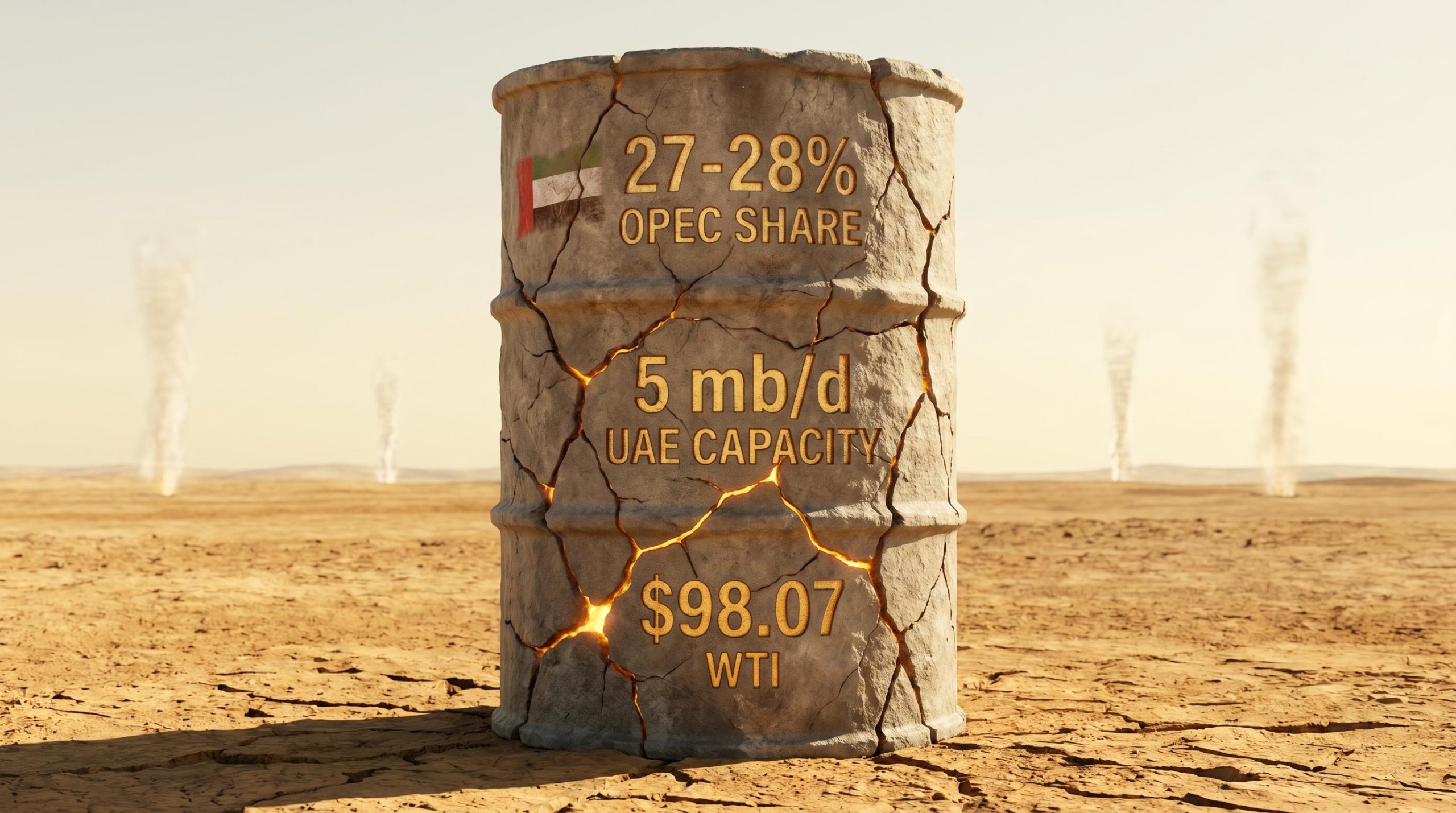 Fractured OPEC oil barrel monolith with UAE flag and "27-28% OPEC SHARE" etched in stone as OPEC pricing power erodes