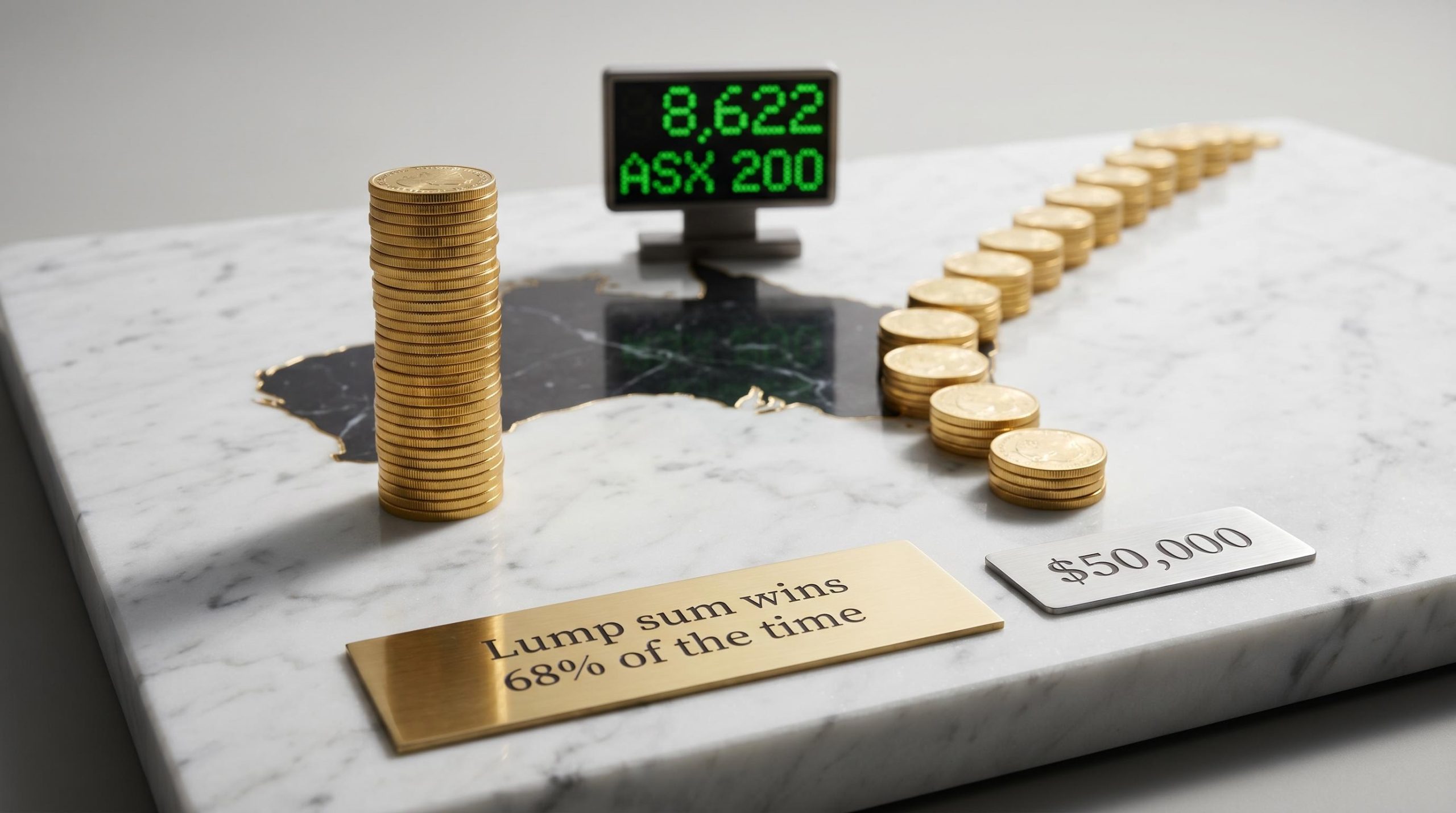 Gold coin stacks showing dollar cost averaging vs lump sum with ASX 200 at 8,622 and "$50,000" plaque