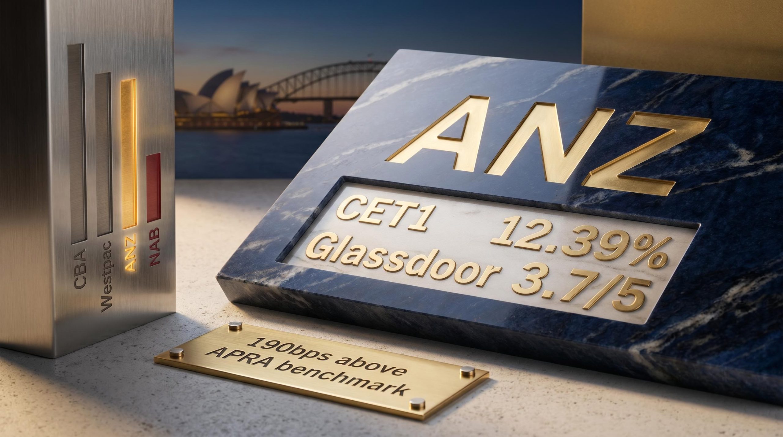 ANZ CET1 ratio 12.39% and Glassdoor 3.7/5 rating shown as engraved data on a stone plinth for ANZ stock analysis