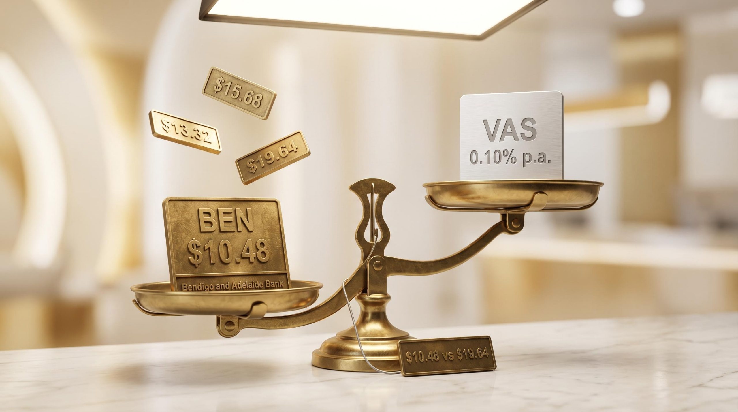 Brass balance scale weighing BEN share price $10.48 against VAS ETF 0.10% p.a. with model values $15.68–$19.64