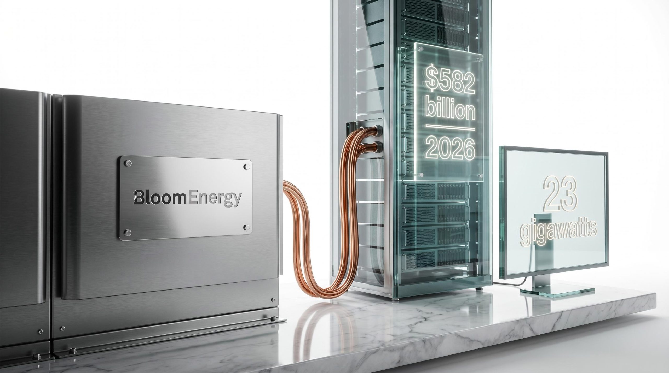 Power generator hardwired to a server with acrylic display showing $582 billion in AI infrastructure investment.