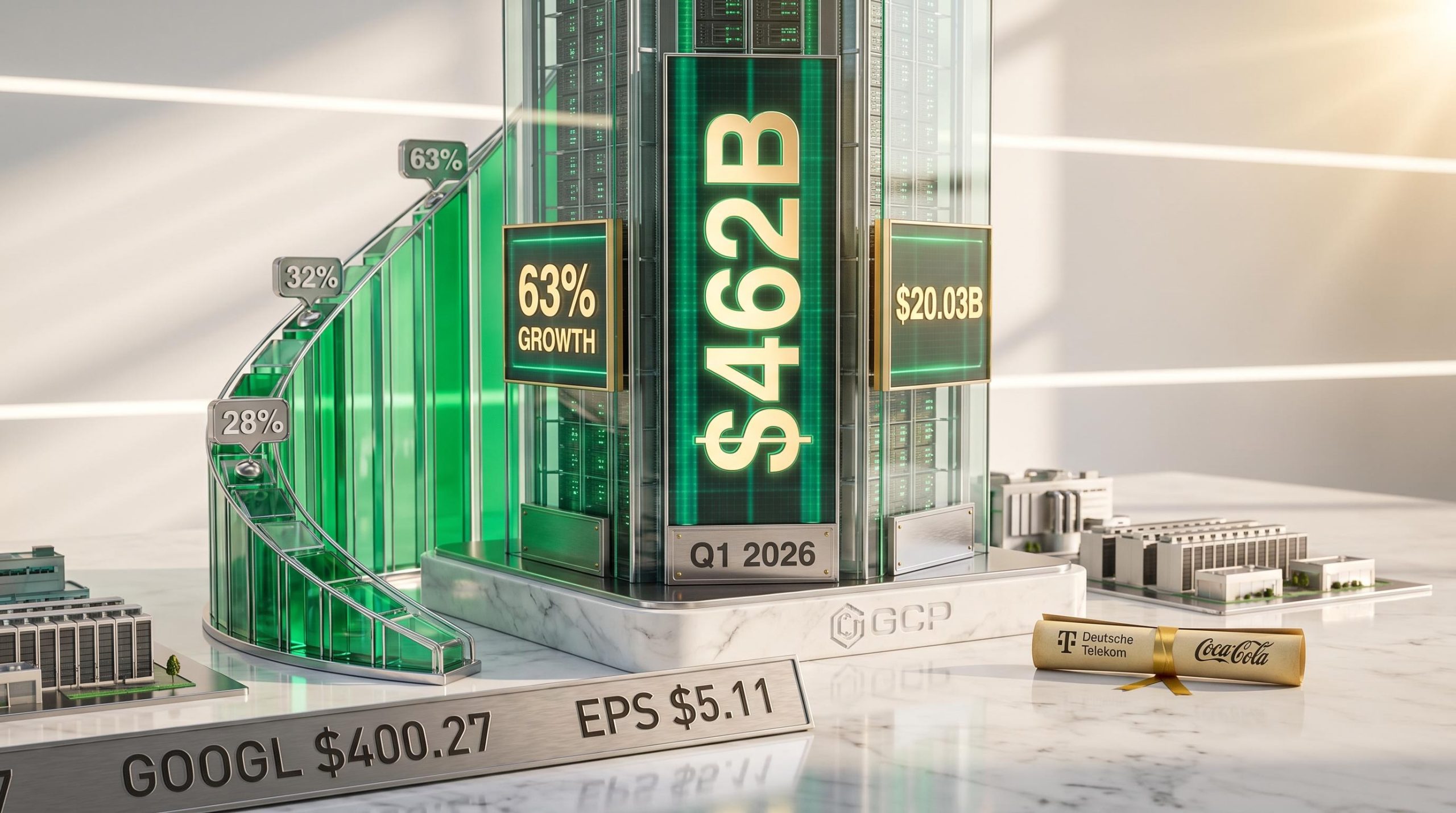 Google Cloud $462B backlog tower with GOOGL $400.27 ticker and 63% GCP growth data rendered as physical scene