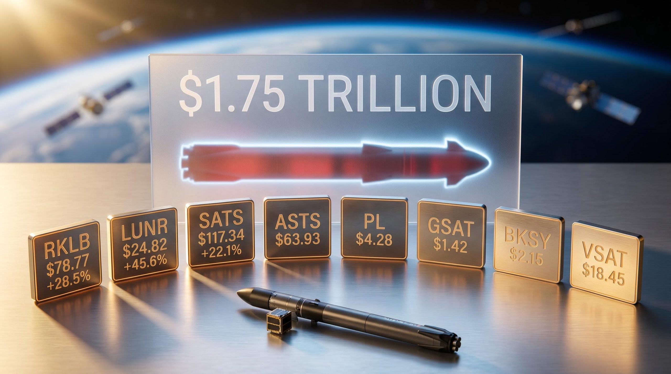 Eight publicly traded space stocks with live ticker data displayed as metal plaques, SpaceX IPO locked behind glass barrier