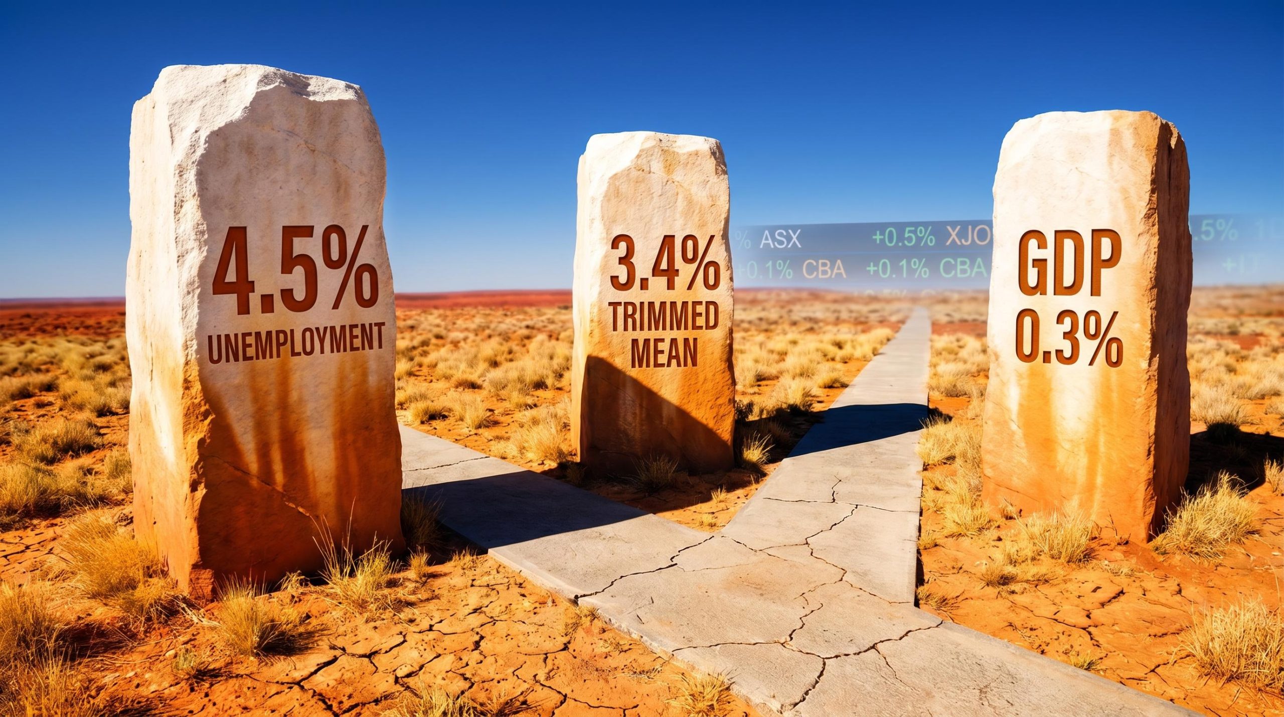 Three sandstone pillars etched with Australia's stagflation indicators — 4.5% unemployment, 3.4% trimmed mean, 0.3% GDP