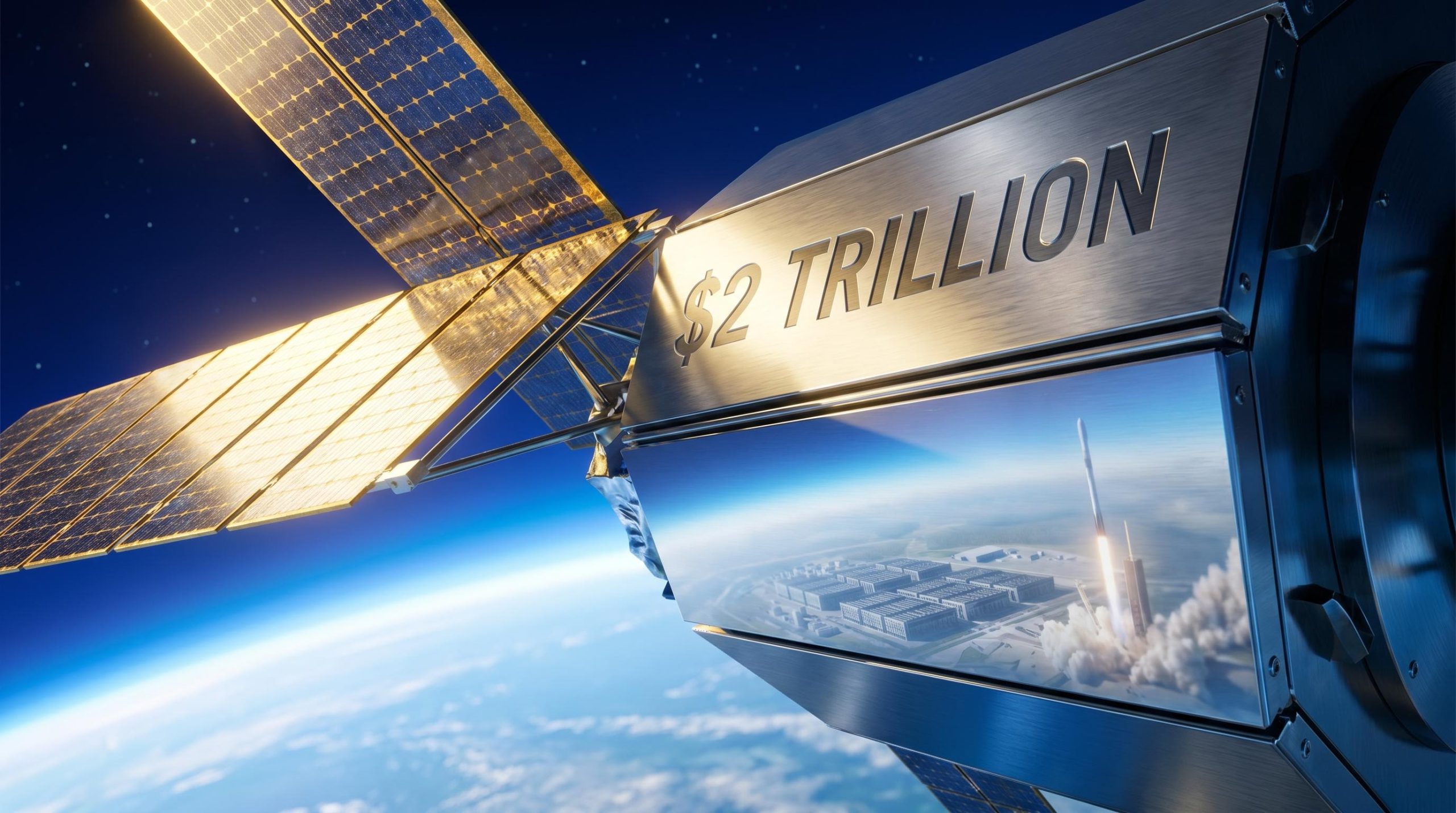 SpaceX satellite in low orbit above Earth with "$2 TRILLION" etched on hull, visualising the SpaceX IPO AI infrastructure thesis