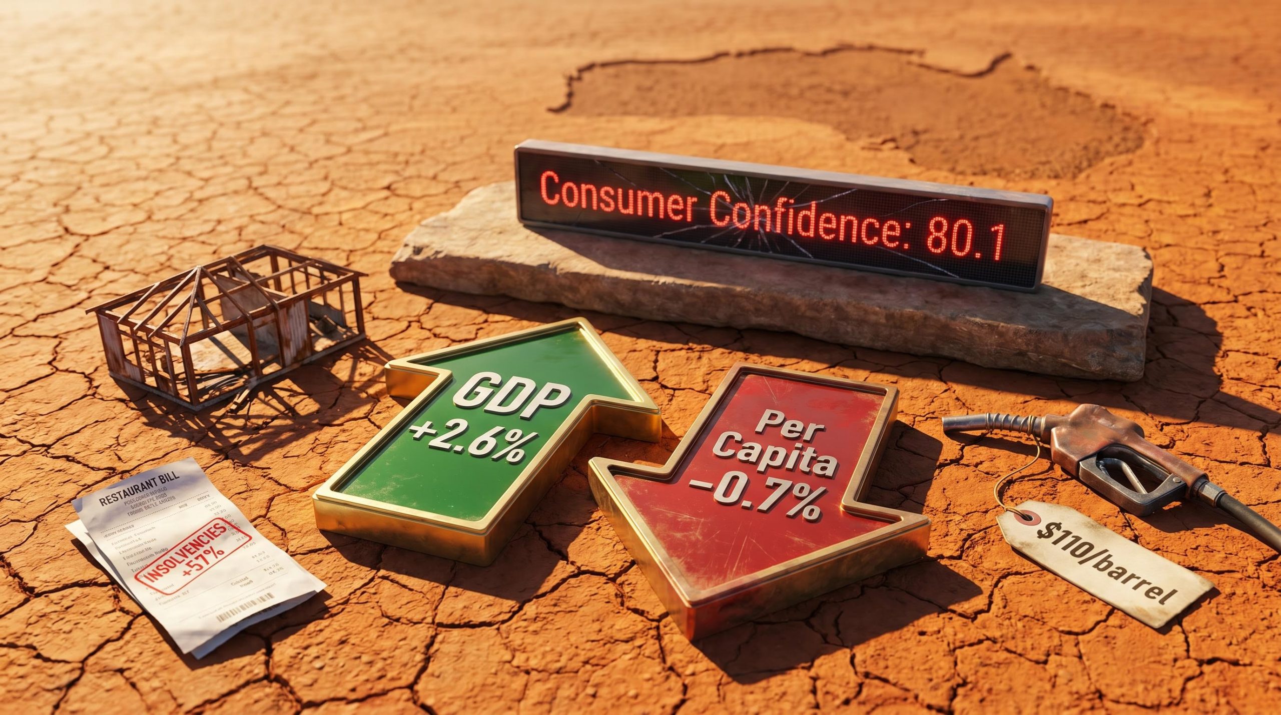 Cracked Australian earth with GDP 2.6% and Per Capita -0.7% brass plaques illustrating Australia's recession divide