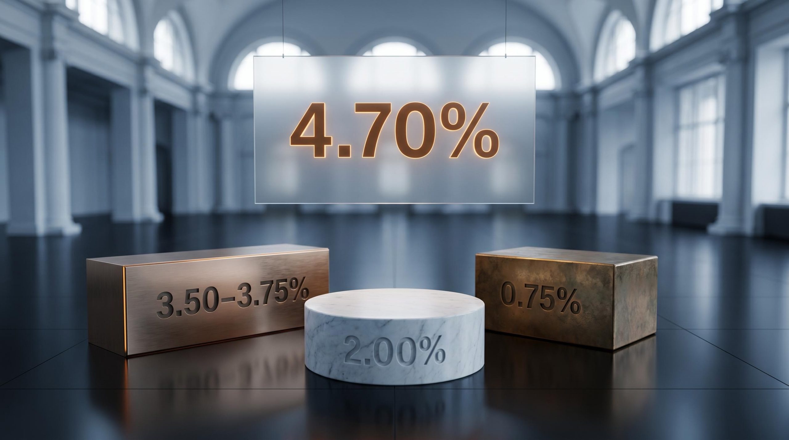 Three diverging stone plinths show Fed, ECB, and BOJ rates splitting from one global inflation shock