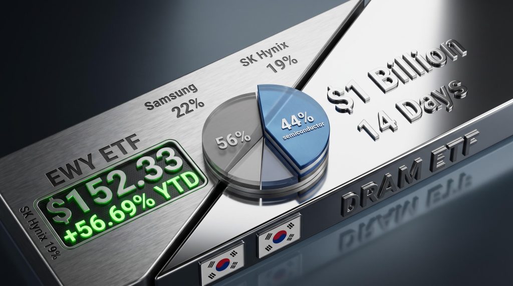 EWY ETF price at $152.33 with 56.69% gain split against new DRAM ETF showing $1B in assets and sector allocation