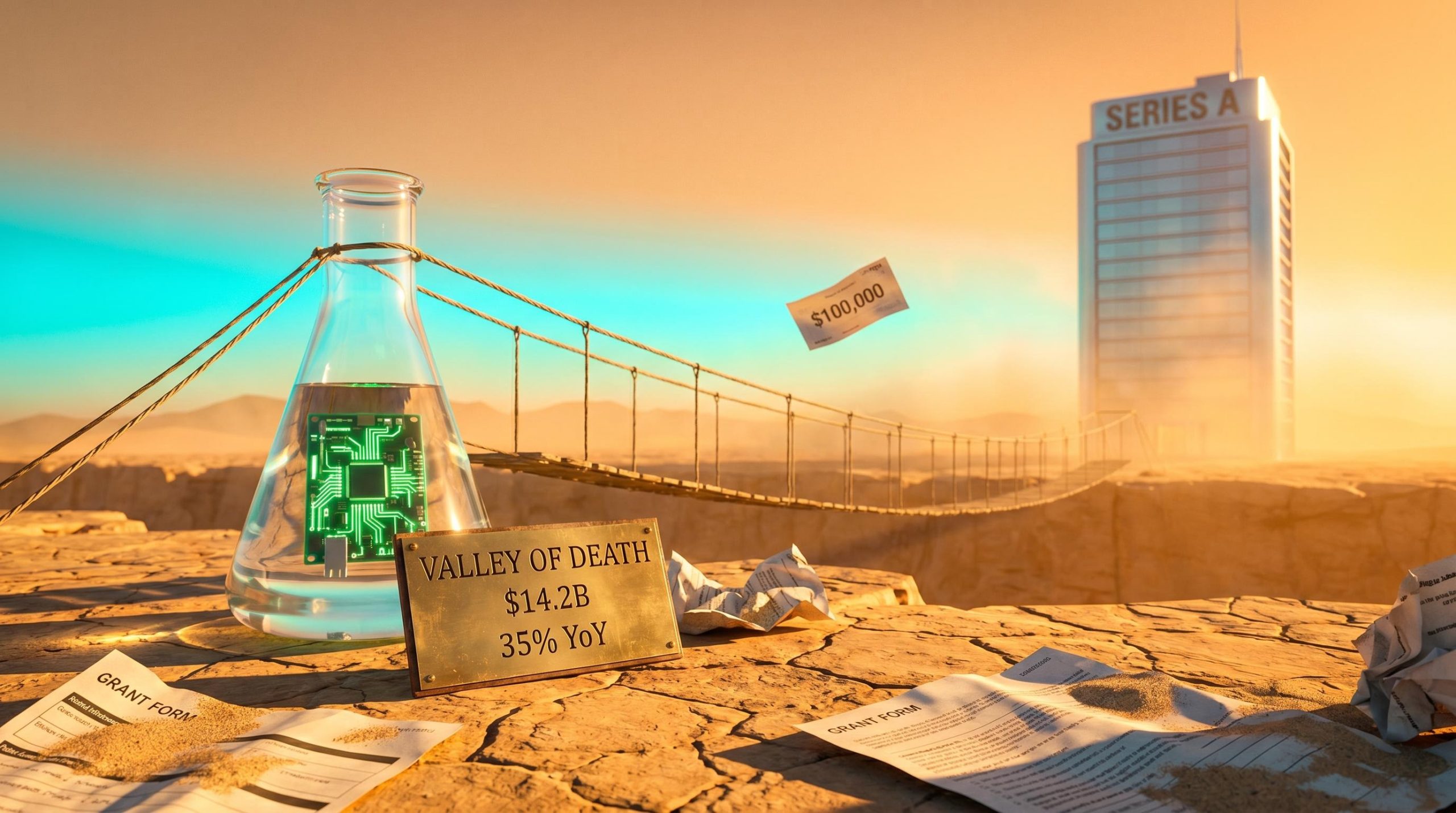 Glass lab flask bridging to a chrome tower across a valley, with "$14.2B" and "$100,000" etched on brass — healthcare innovation funding gap