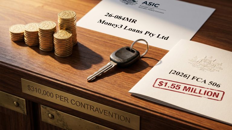 Federal Court bench with Money3 Loans $1.55 million penalty seal, car key, and $310,000-per-contravention ruling — responsible lending breaches