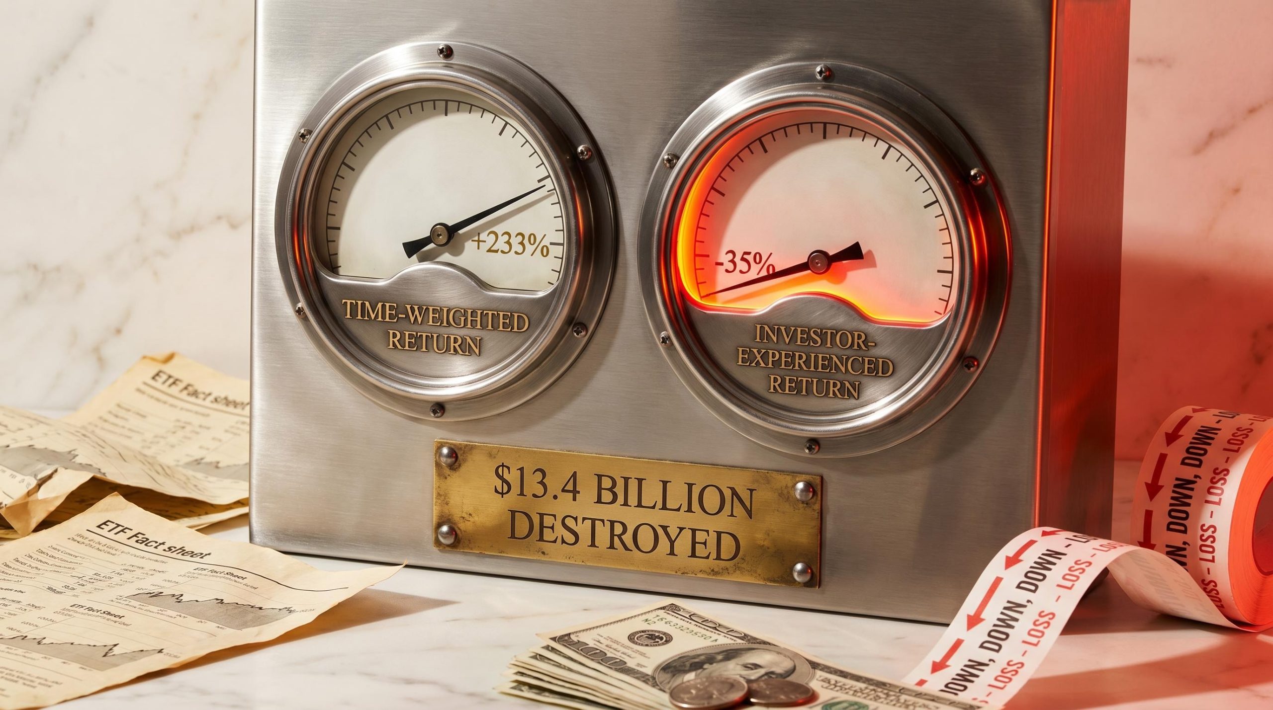 ARKK ETF return dials showing 233% reported vs -35% investor return, with $13.4B destroyed placard