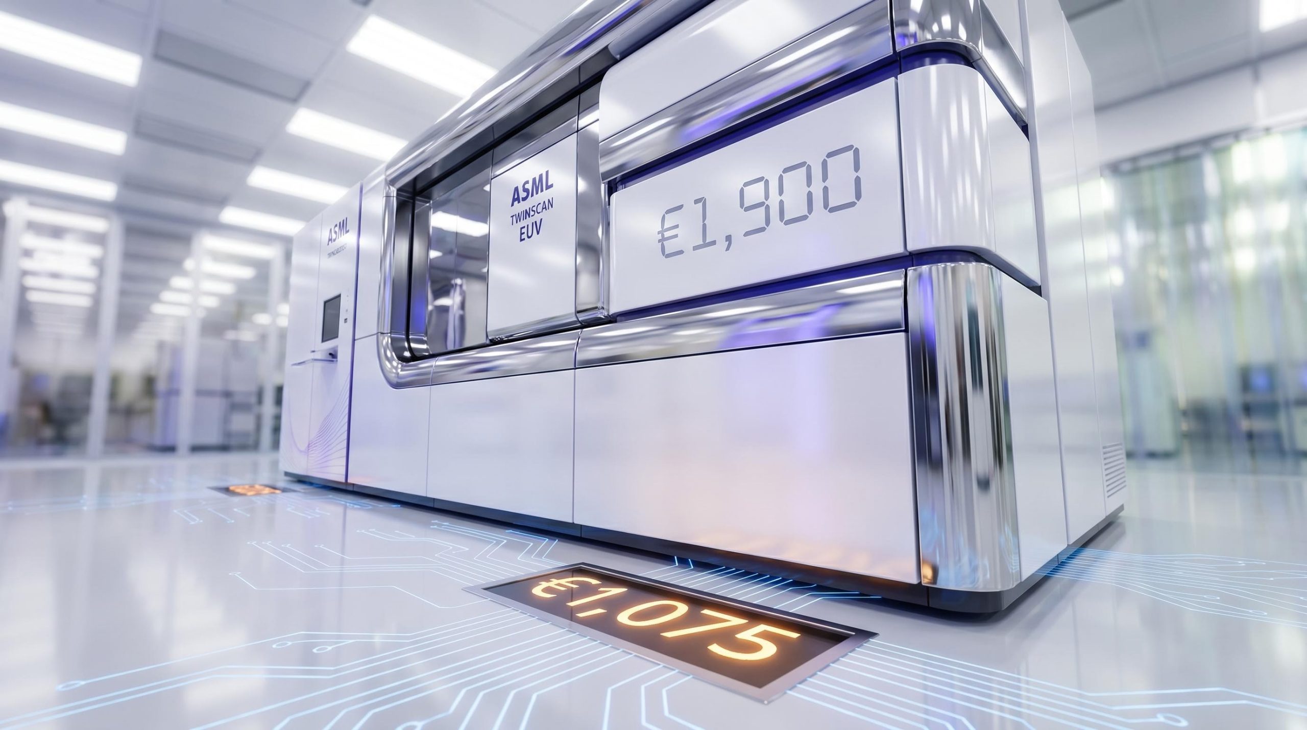 ASML EUV lithography machine with UBS €1,900 price target displayed, 75% above current trading levels