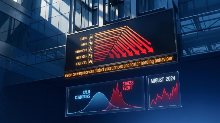 AI trading risk visualised as correlated red market vectors converging on a live institutional screen with August 2024 volatility data