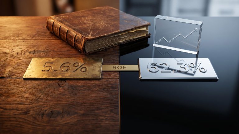 Split-surface still-life contrasting SOL and NWL ROE figures 5.6% vs 62.3% as etched physical objects
