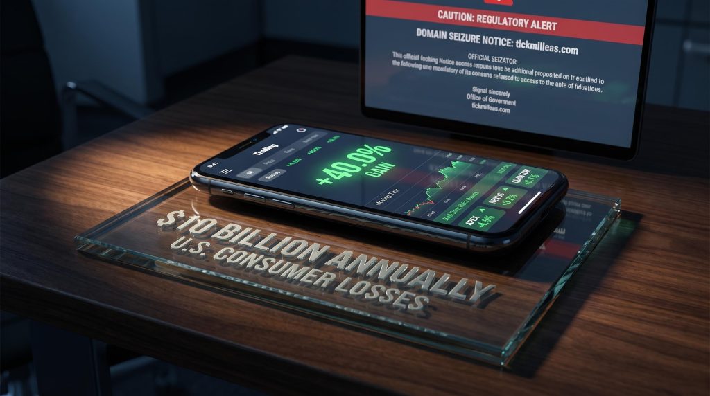 Fake trading platform dashboard showing 40% false gains with $10 billion annual U.S. consumer loss figure displayed
