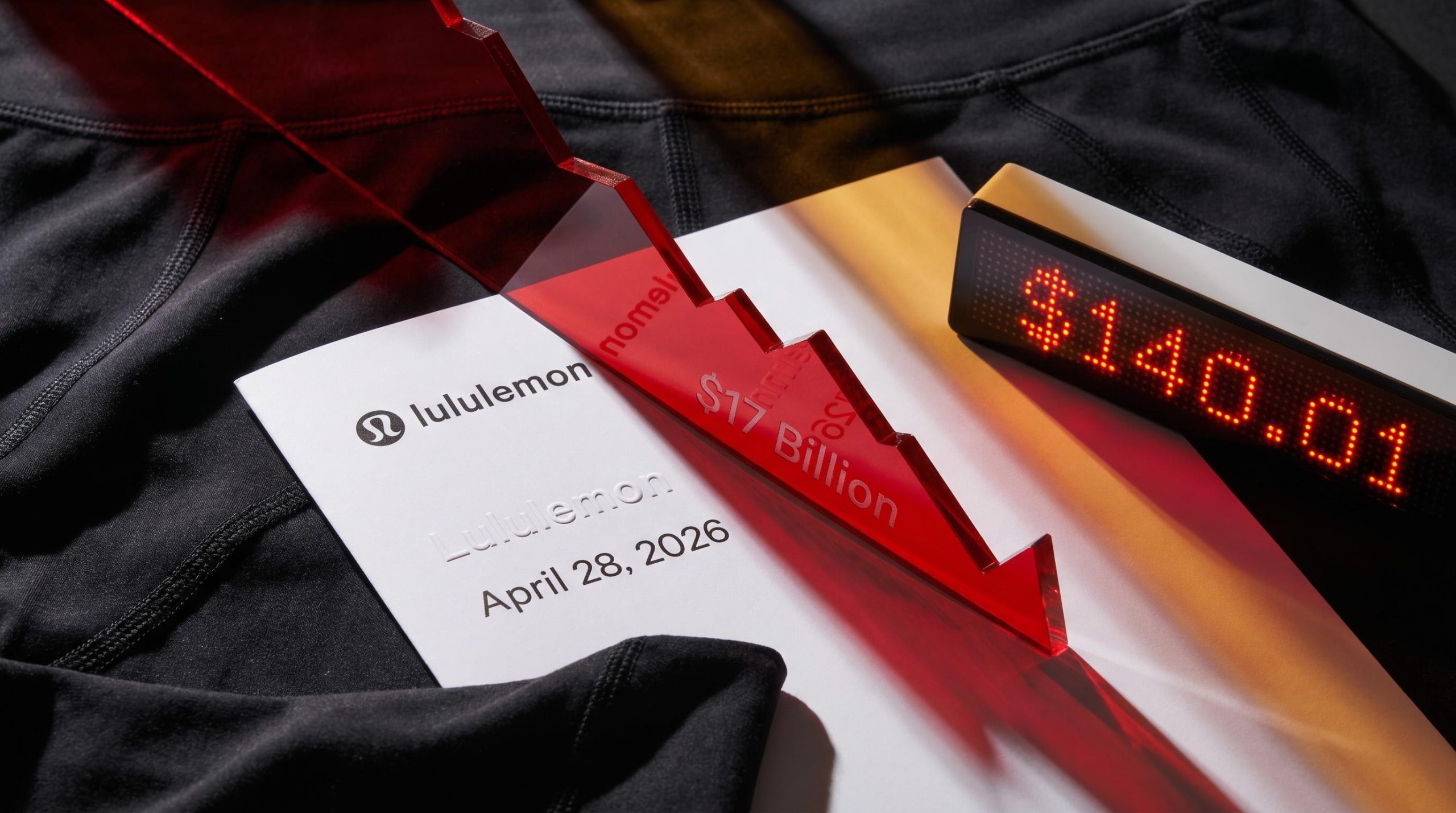 A Lululemon proxy campaign ballot rests on athletic fabric alongside a $17 Billion loss indicator and $140.01 stock ticker.