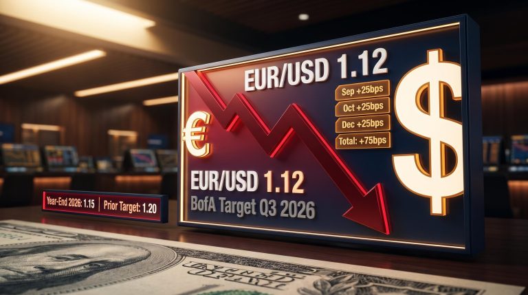 BofA EUR/USD target cut to 1.12–1.15 for 2026 with three Fed hikes driving US dollar forecast