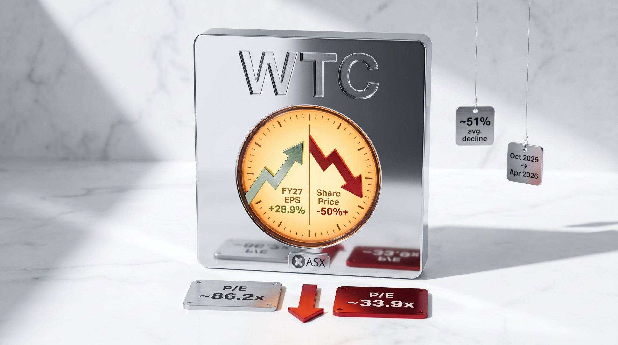 WiseTech Global P/E contracting from ~86.2x to ~33.9x while FY27 EPS rose 28.9% — ASX multiple compression