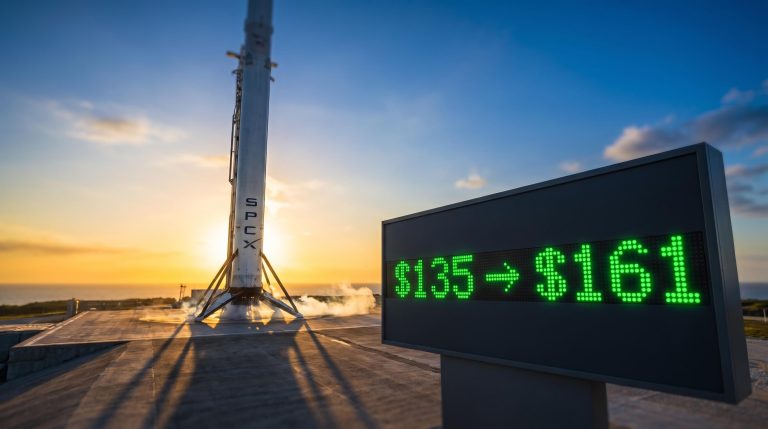 SpaceX Falcon 9 rocket at launch pad with SPCX ticker showing $135 to $161 gain on Nasdaq IPO debut