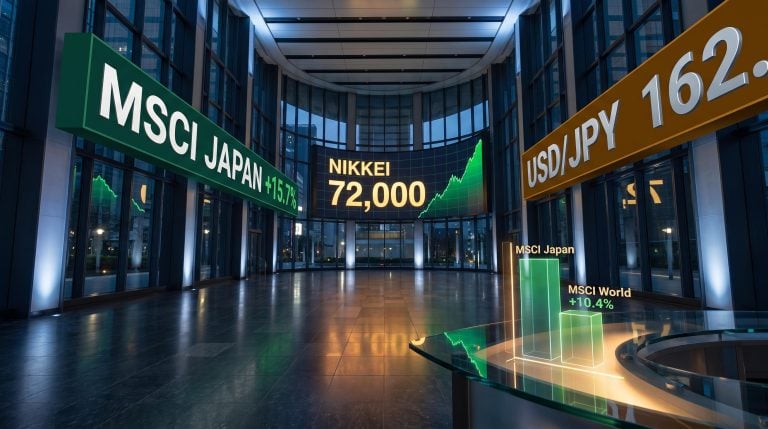 Nikkei 72,000 and MSCI Japan 15.7% data panels inside Tokyo exchange hall as USD/JPY holds near 162