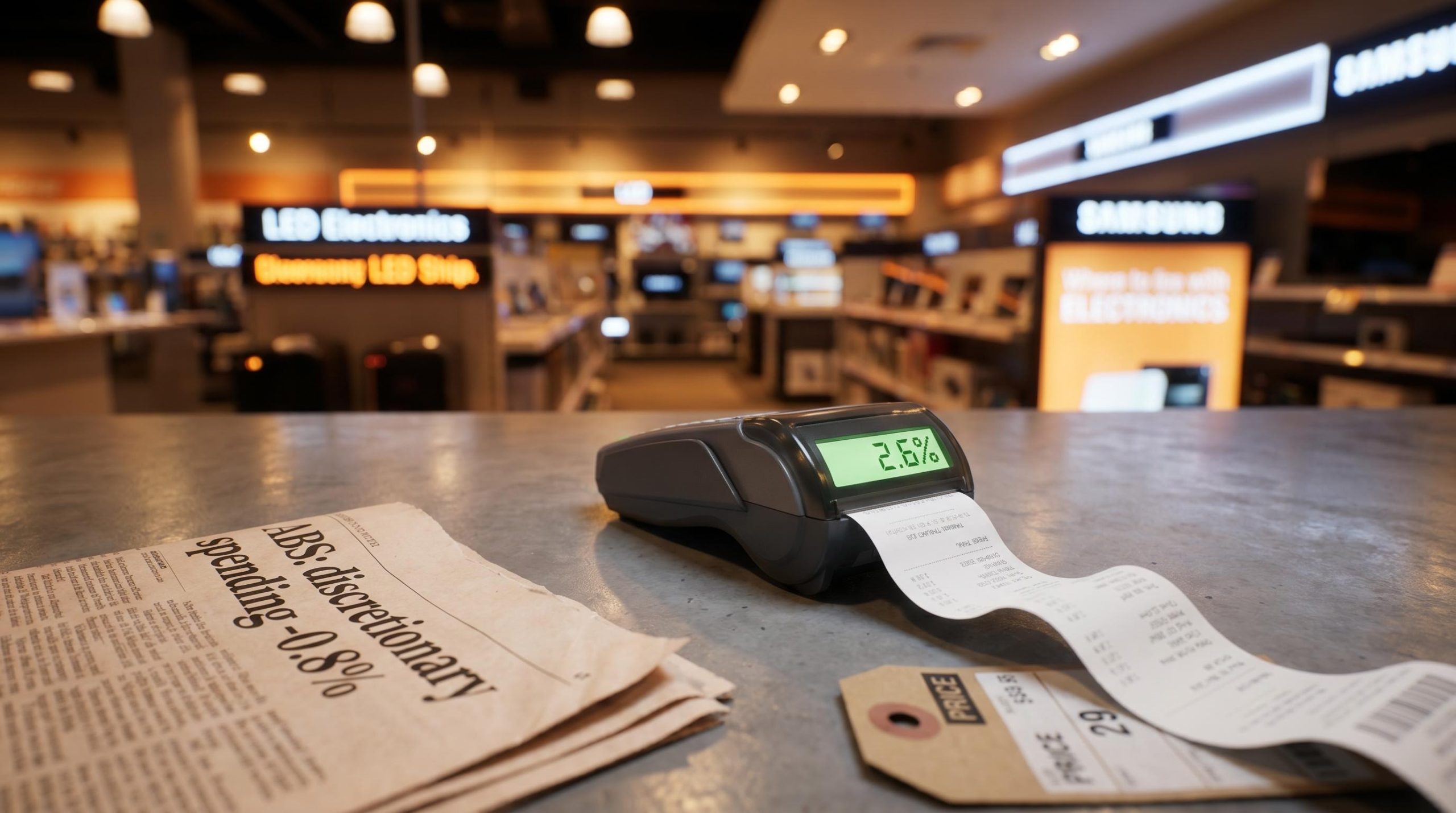 JB Hi-Fi sales receipt terminal showing 2.6% comp growth beside ABS discretionary spending data — ASX discretionary stocks analysis