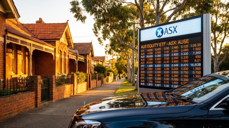 Australian investment properties at golden hour alongside a glowing ASX ETF screen — property vs ETFs Australia