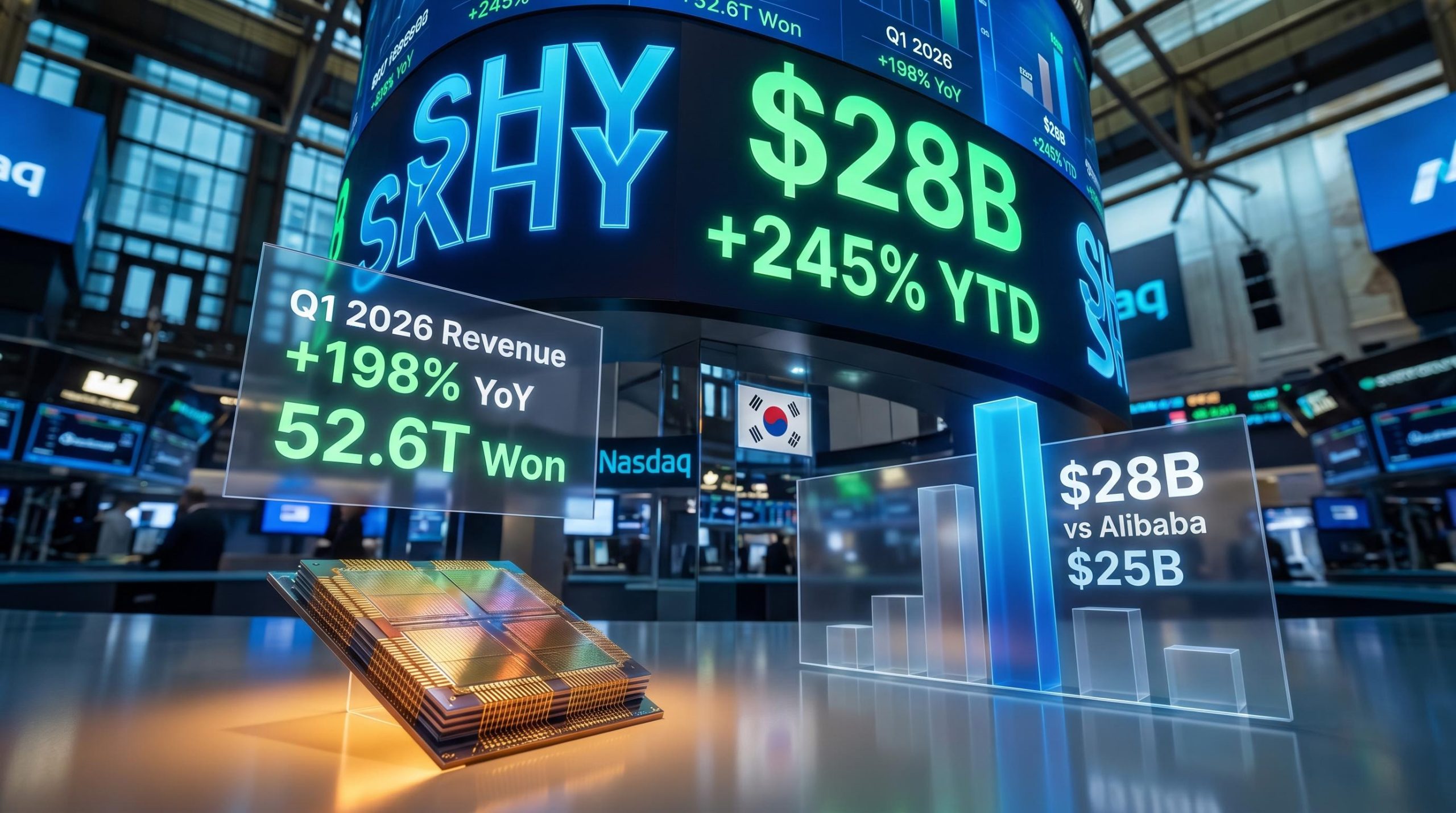 SK Hynix IPO SKHY Nasdaq listing with $28B deal size and 198% revenue surge displayed on market screens