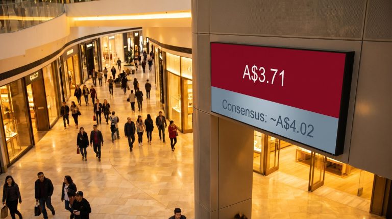 Westfield atrium with SCG share price A$3.71 displayed against broker consensus A$4.02 amid record occupancy
