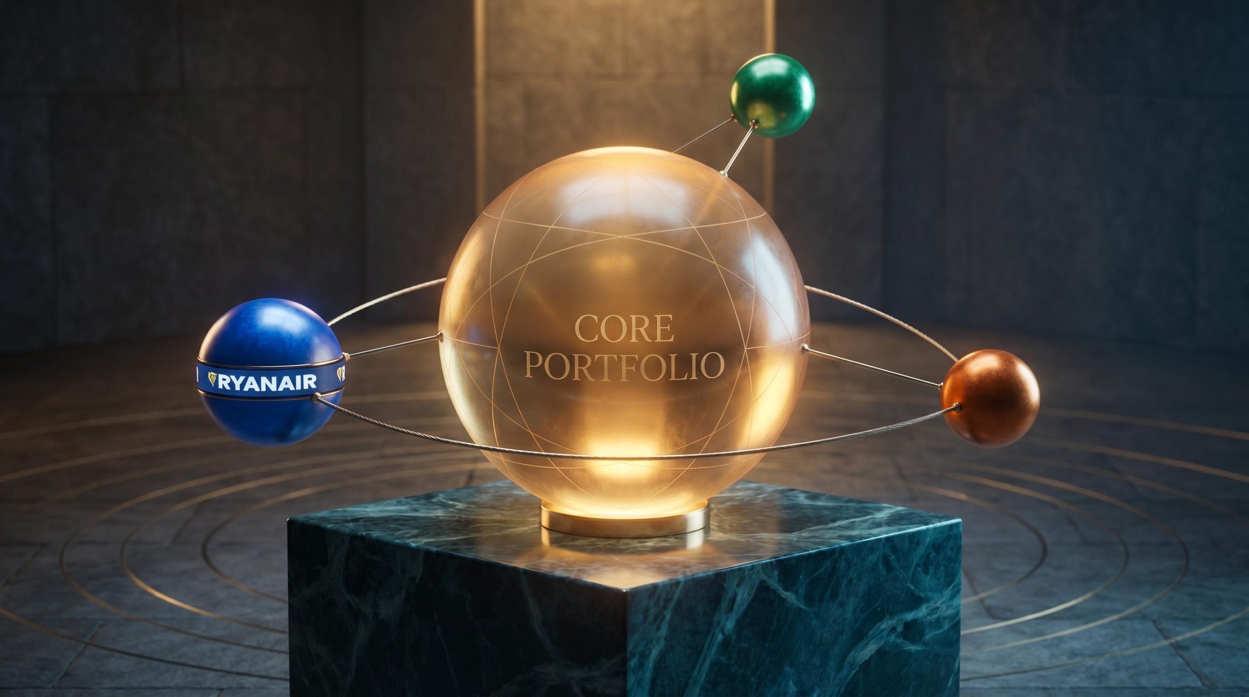 Core-satellite investing concept visualised as orbiting spheres, with a Ryanair satellite position anchored to a glowing index core