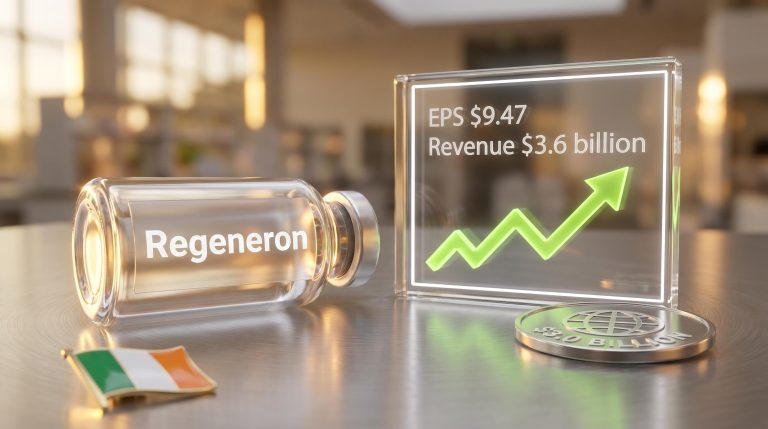 Regeneron earnings analysis with a biotech vial and financial plaques displaying $3.6 billion revenue and $9.47 EPS.