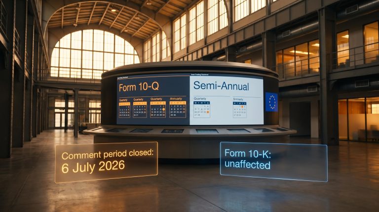 SEC semi-annual reporting proposal data terminal showing quarterly vs semi-annual filing comparison with 6 July 2026 comment deadline