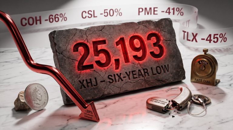 XHJ index plaque at six-year low of 25,193 with COH -66% and CSL -50% tickers as ASX healthcare sector collapses 39%