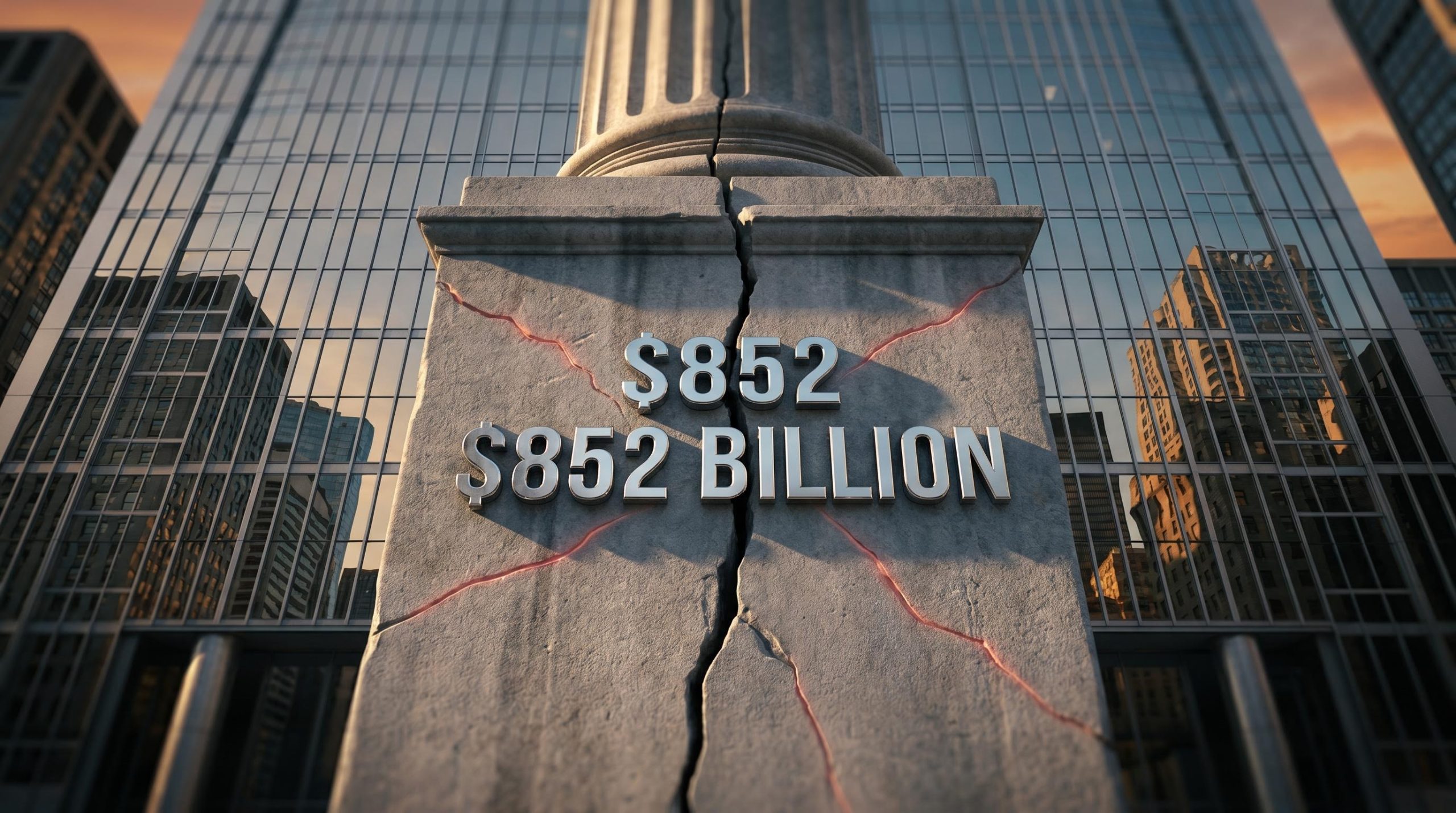Cracked stone column engraved with "$852 BILLION" against fractured skyscraper glass — OpenAI IPO risk analysis