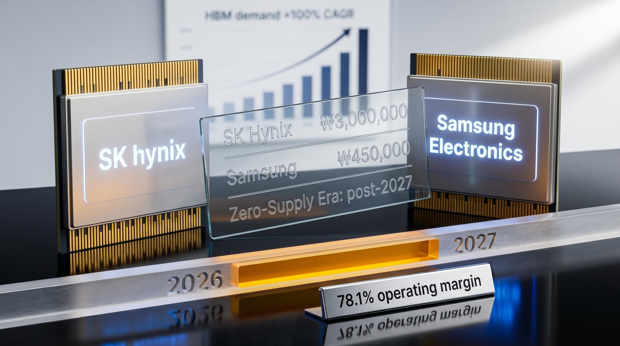 SK Hynix and Samsung memory modules beside etched price targets and a 78.1% margin figure — AI memory stocks analysis